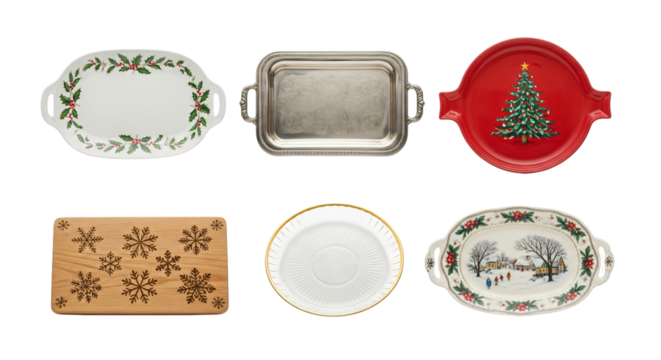 A collection of various vintage and antique serving trays and dishes, including festive christmas themed items, ready for holiday entertaining, isolated on transparent background