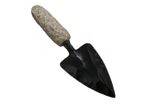 Hand digging tool featuring an obsidian blade and stone handle, representing ancient craftsmanship and primitive technology