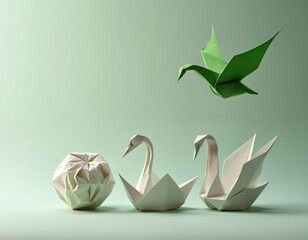 Origami creations show transformation from crumpled ball to paper swans and flying bird. Concept of growth, freedom, change, and new beginnings.