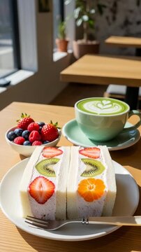 Fruit sando sandwich and green latte on wooden table in cafe  