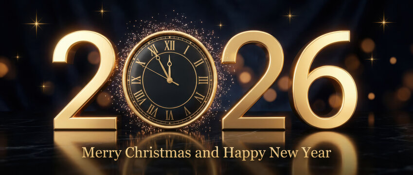 Golden 2026 Numbers with Clock Face and Festive Lights image photo