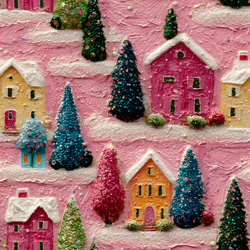 Seamless tile Christmas pink village with trees, impasto style thick acrylic with glitter