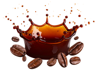 Dynamic Coffee Splash with Floating Beans on Transparent Background