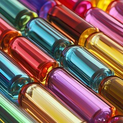 A collection of colorful test tubes filled with various liquid solutions, showcasing the vibrancy and complexity of chemical experimentation in a laboratory setting