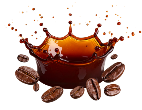 Dynamic Coffee Splash with Floating Beans on Transparent Background
