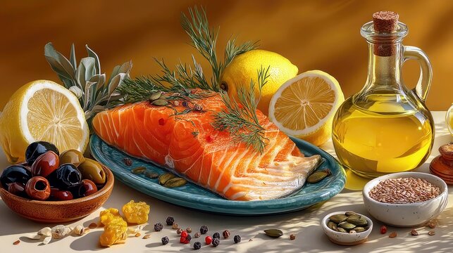 A close-up shot of a raw salmon fillet seasoned with herbs and spices, presented on a blue plate. Surrounding the fillet are halved lemons, a bowl of mixed oliv