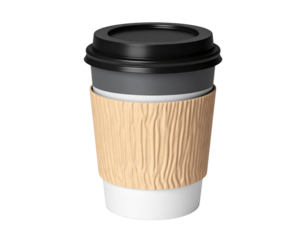 3D To-Go Coffee Cup with Black Lid and Kraft Sleeve on Transparent Background (2)