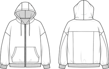 Oversized zip-up hoodie technical flat sketch vector, front and back view, hooded sweatshirt with kangaroo pocket, casual apparel design template for mockup © Sume