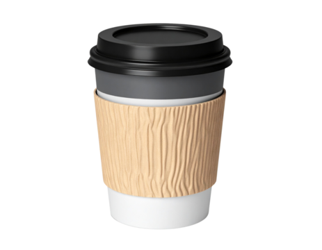 3D To-Go Coffee Cup with Black Lid and Kraft Sleeve on Transparent Background (2) - Powered by Adobe