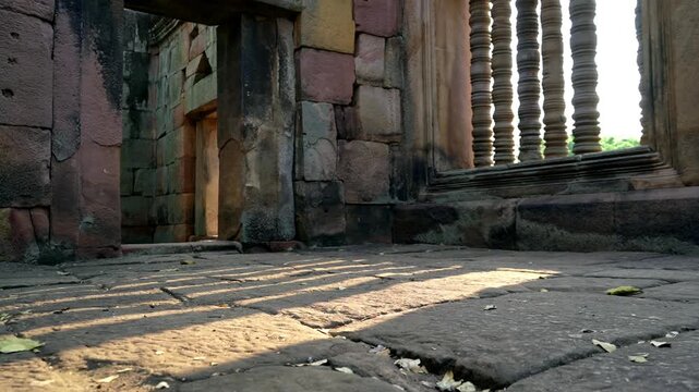 Sunlight Streaming Through Ancient Stone Window at Phanom Rung Historical Castle