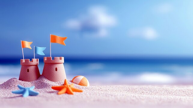 Two sandcastles adorned with orange and blue flags stand on a sandy beach, with a bright blue ocean and sky in the background. Starfish and a beach ball are sca