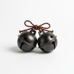A pair of metallic bells tied with a red-green string, creating a simple festive accent on a clean white background.