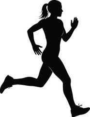 Running woman silhouette vector, female athlete jogging, sport fitness illustration isolated on white background, cardio exercise, side view profile, healthy active lifestyle concept