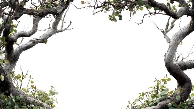 Intertwined gnarled branches and sparse leaves frame a central bright white background area