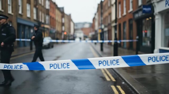 Blue and white police tape sealing off a wet city street with law enforcement officers visible in the blurred background, creating a cordon for an active investigation or emergency situation