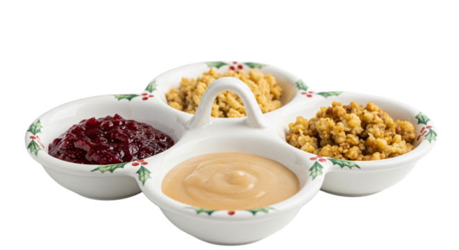 A fourcompartment serving dish with cranberry sauce, gravy, and two kinds of stuffing for a holiday meal, isolated on transparent background