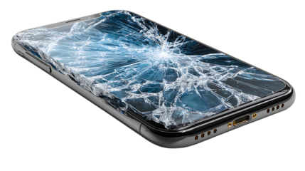 Broken smartphone with cracked screen isolated on transparent background in studio