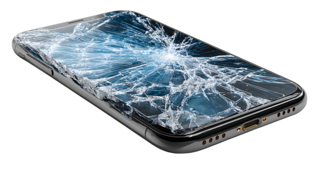 Broken smartphone with cracked screen isolated on transparent background in studio