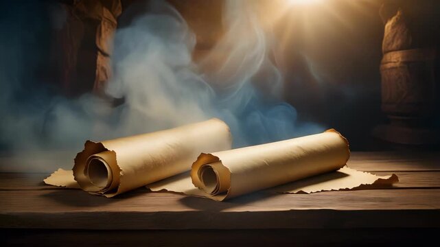 Two aged paper scrolls sitting atop a weathered wooden table with faint smoke and ornate stone pillar element