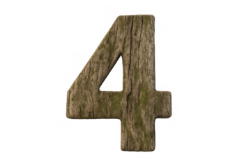Number four in rustic weathered wood texture with moss isolated on a transparent background