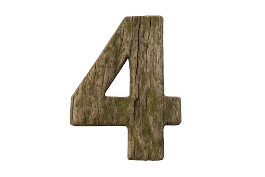 Number four in rustic weathered wood texture with moss isolated on a transparent background