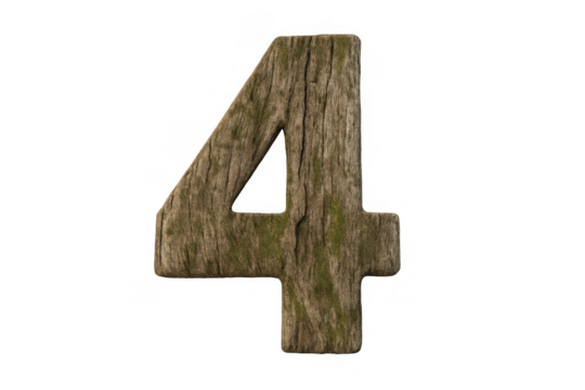 Number four in rustic weathered wood texture with moss isolated on a transparent background