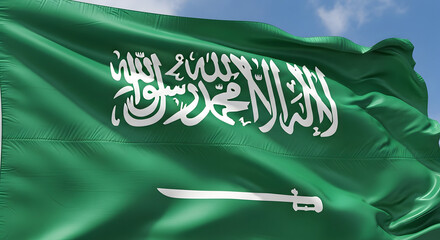 Waving Saudi Arabian flag against a clear blue sky