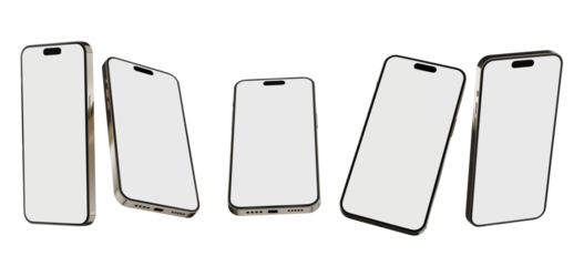 Group of smartphones with blank screens isolated on transparent background
