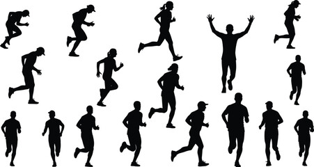 Set of black running silhouettes, athletic marathon runners, jogging figures, vector illustration isolated on white background, sport fitness training, active people collection