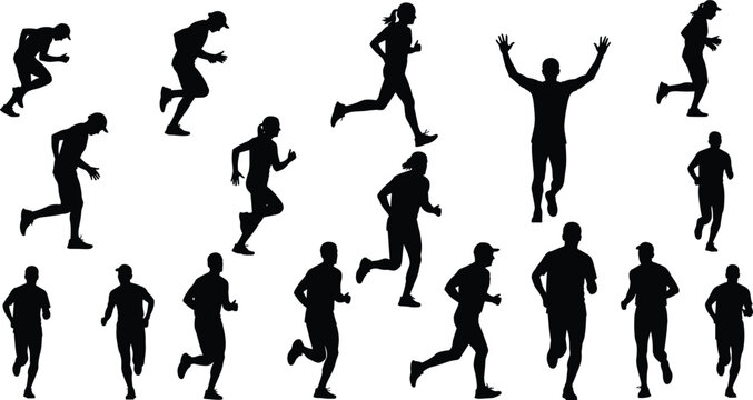 Set of black running silhouettes, athletic marathon runners, jogging figures, vector illustration isolated on white background, sport fitness training, active people collection