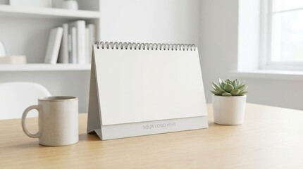 Desk Calendar Mockup with Office Decor - Clean desk setup with blank calendar, coffee mug, and small potted succulent, ideal for presentations or promotional materials
