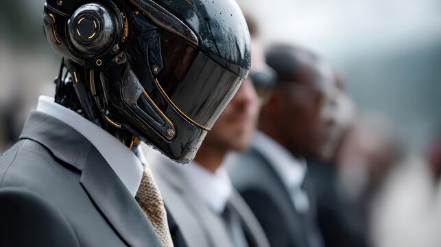 A close-up view of a robotic figure in a sleek black helmet alongside other suited individuals highlights the blend of technology and fashion in contemporary aesthetics and culture.