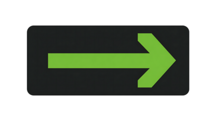 Green arrow pointing right on a black rectangle isolated on transparent background