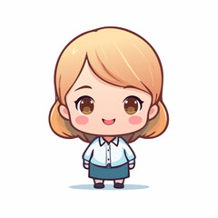 Cute Chibi Style Business Woman Character Isolated on White Background. Kawaii Cartoon Illustration of a Smiling Female Professional or Office Worker.