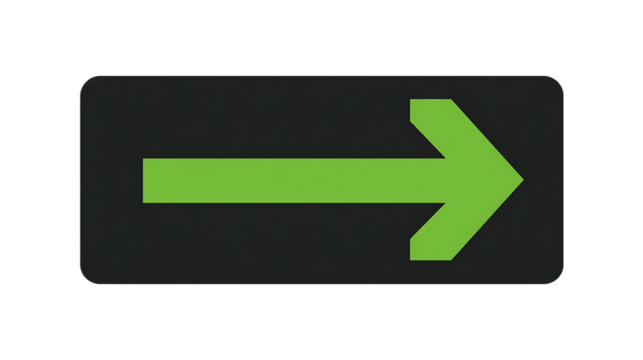 Green arrow pointing right on a black rectangle isolated on transparent background