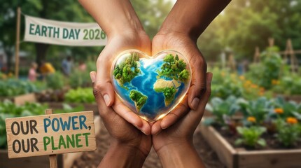Earth Day Heart in Hands - Black person holding a heart-shaped earth in a garden. Earth Day concept