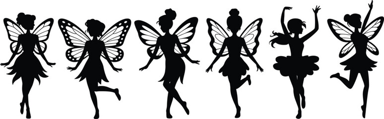 Diverse Fairy Silhouettes Collection: Six Fantasy Figures, Posing and Dancing, Beautiful Butterfly-Style Wings, Vector Black Icon Set