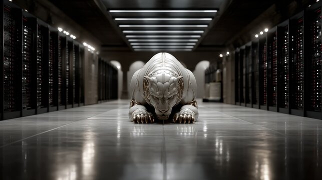 A stunning white lion sculpture positioned centrally in a sleek, modern data center corridor with rows of high-tech servers lining the walls, blending technology with art.