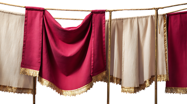 Red and beige fabric with gold trim hanging isolated on transparent background