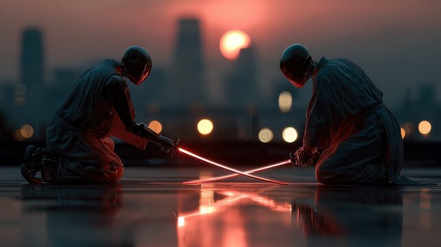 Two futuristic robots engaged in an epic lightsaber duel against a breathtaking sunset backdrop, showcasing a clash of technology and artistry in a vibrant urban setting.