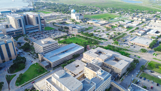 High-rises medical buildings and palm-lined streets toward port facilities in Galveston, Texas, capturing blend of domestic life, institutional presence, and industrial coastal infrastructure