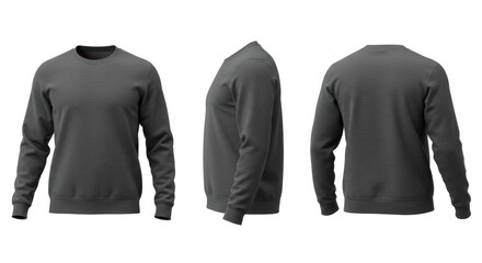 Three views of a blank deep charcoal grey heavy cotton fleece crewneck sweatshirt mockup (front, side, back) isolated on a transparent background, concept for retail apparel advertising