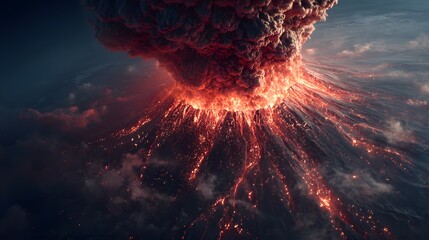 Erupting Volcano with Lava Flow and Ash Cloud at Sunset