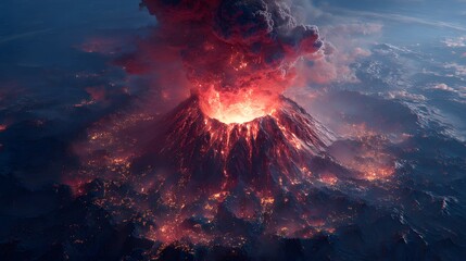 Erupting Volcano with Lava Flow and Ash Cloud Against Sky