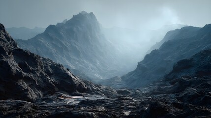 Dramatic Landscape of Rugged Mountains and Misty Atmosphere