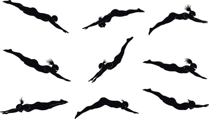 Flavector, diving silhouette sequence, athletic motion, swimmer form, sports pose, water entry, dynamic dive illustration