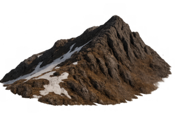 Mountain peak featuring rugged rock and patches of white snow on brown earth, creating an alpine landscape. Isolated on transparent background