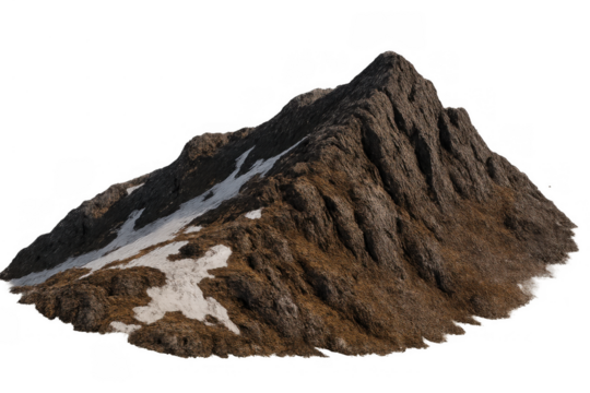 Mountain peak featuring rugged rock and patches of white snow on brown earth, creating an alpine landscape. Isolated on transparent background
