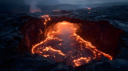 Molten Lava Flow Through Cracked Lava Field at Dusk in Volcano Area