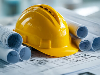 Yellow construction helmet resting on detailed architectural blueprints with rolled plans showing building design concepts and engineering layouts on a desk